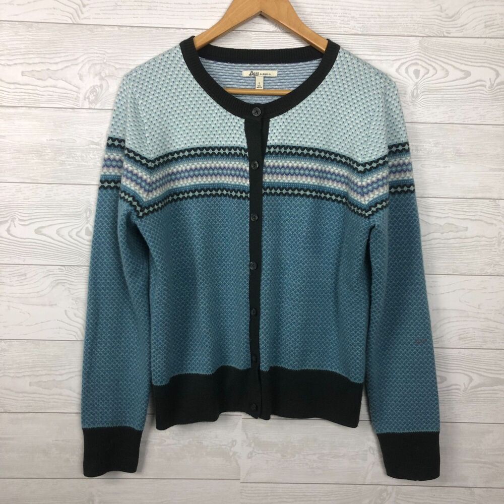 GH Bass & Co Women's Large Fair Isle Nordic Button Front Cardigan Sweater Blue